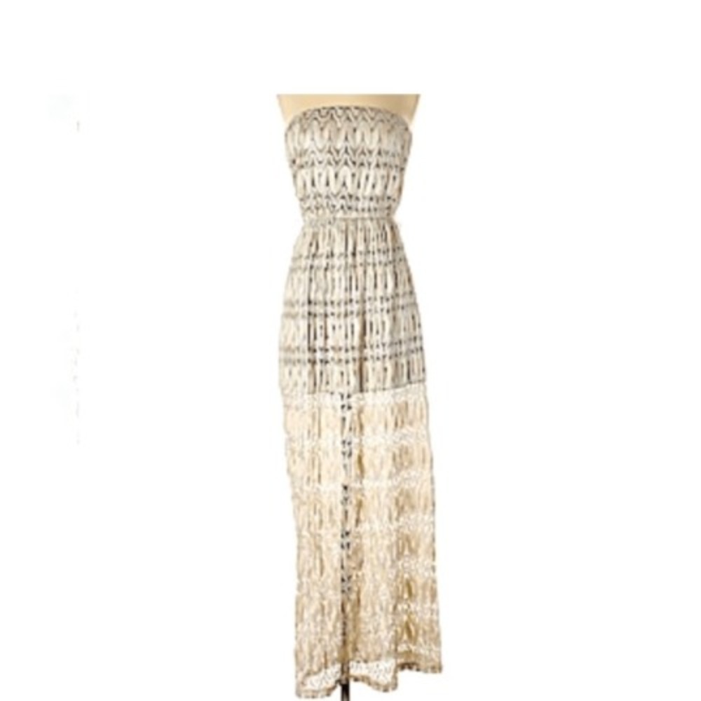 Sans Souci Dress Maxi Women Medium Tan Lace Strapless Stretch New